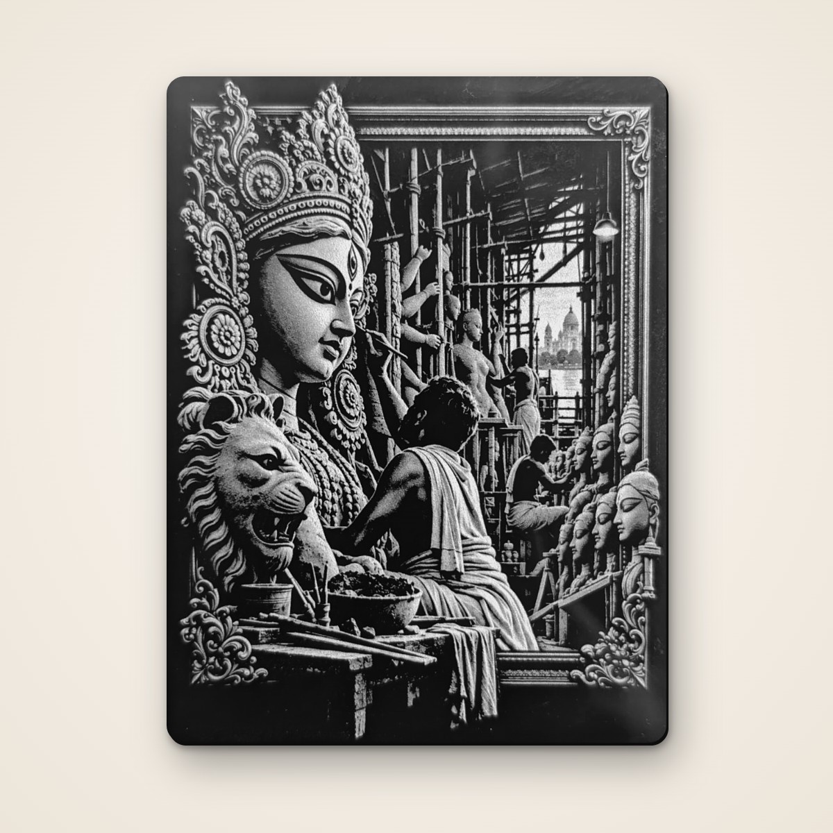 Kumartuli 4x3 inch black acrylic fridge magnet, laser-engraved Kolkata art