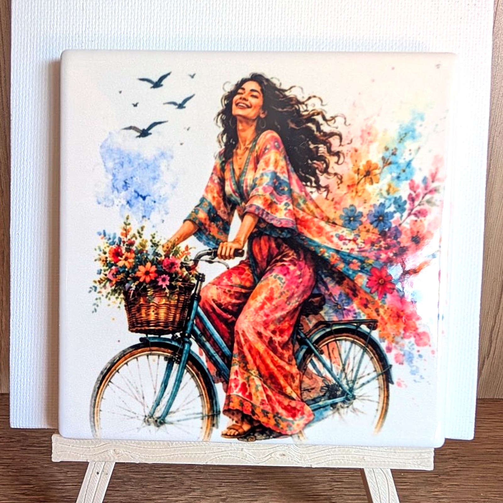 Lady on the Bike ceramic coaster by Ayantika Sen, YldKat Studios