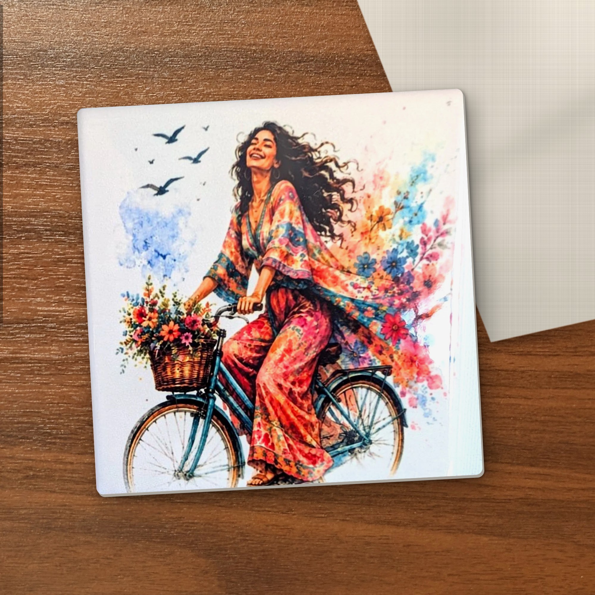 Lady on the Bike coaster on a wooden table
