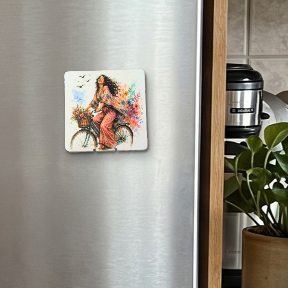 Lady on the Bike fridge magnet on a stainless steel fridge door