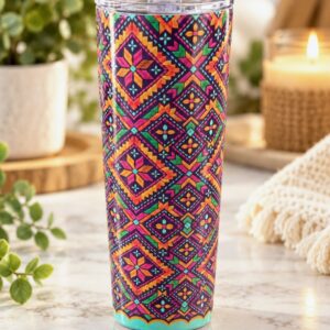 Midnight Phulkari 20 oz tumbler with Indian Phulkari embroidery art