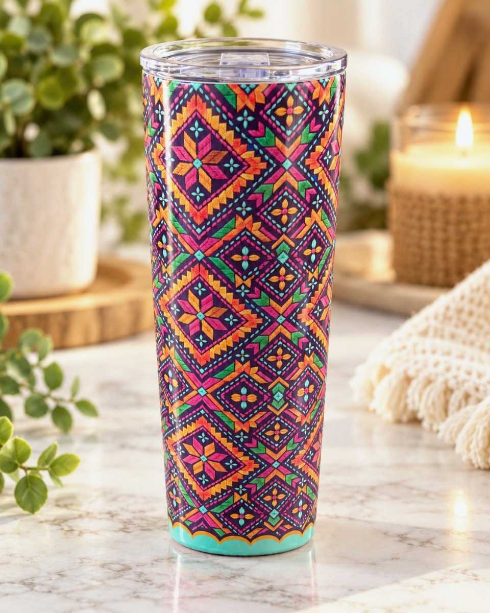 Midnight Phulkari 20 oz tumbler with Indian Phulkari embroidery art