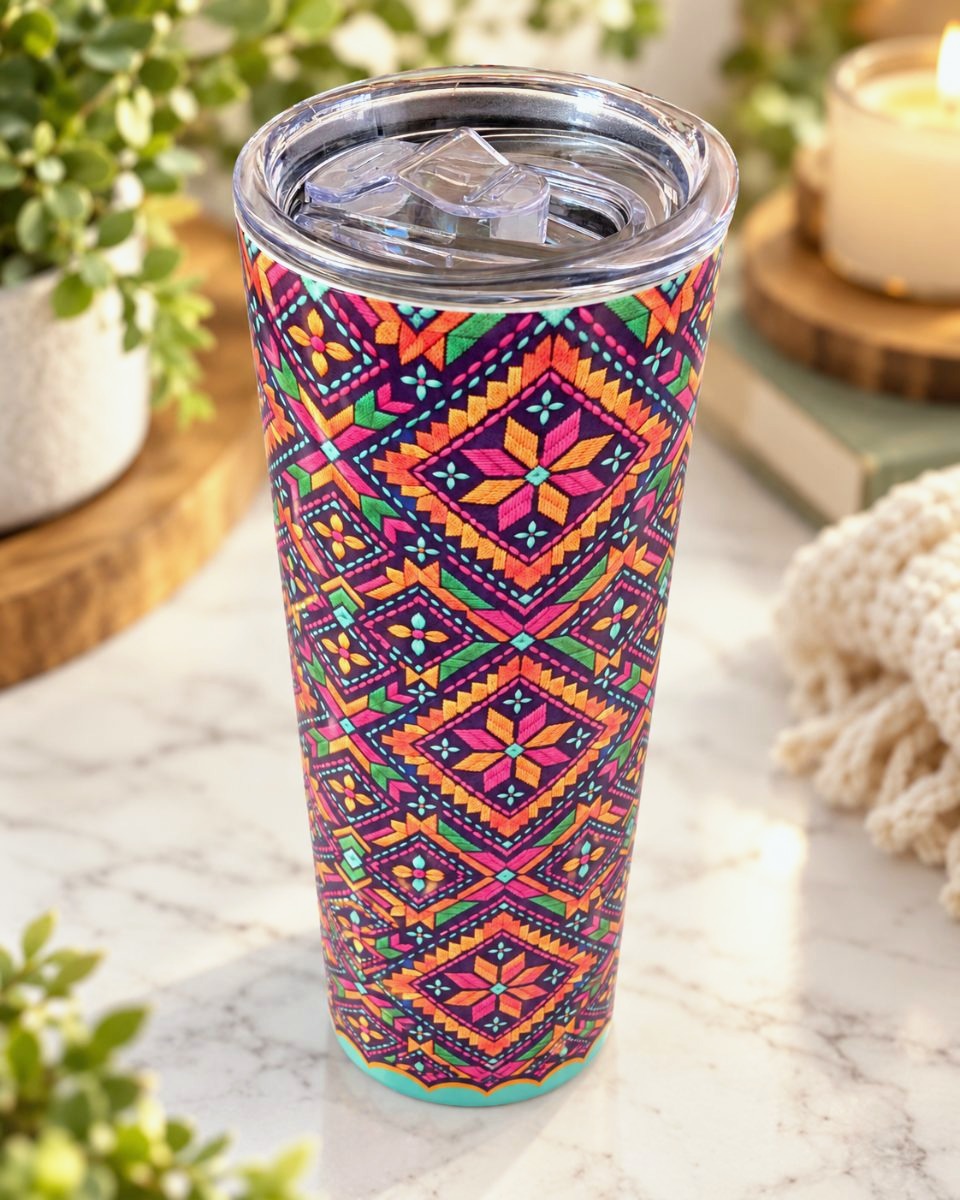Midnight Phulkari 20 oz tumbler with Indian Phulkari embroidery art, another angle