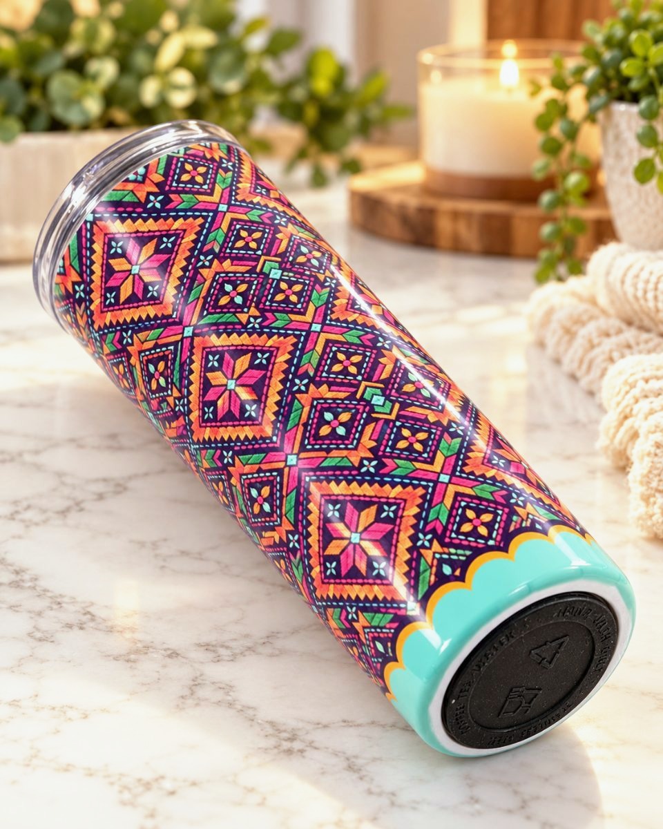 Midnight Phulkari 20 oz tumbler with Indian Phulkari embroidery art, detail view