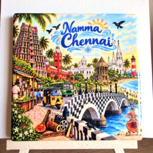 Namma Chennai ceramic coaster by Ayantika Sen, YldKat Studios
