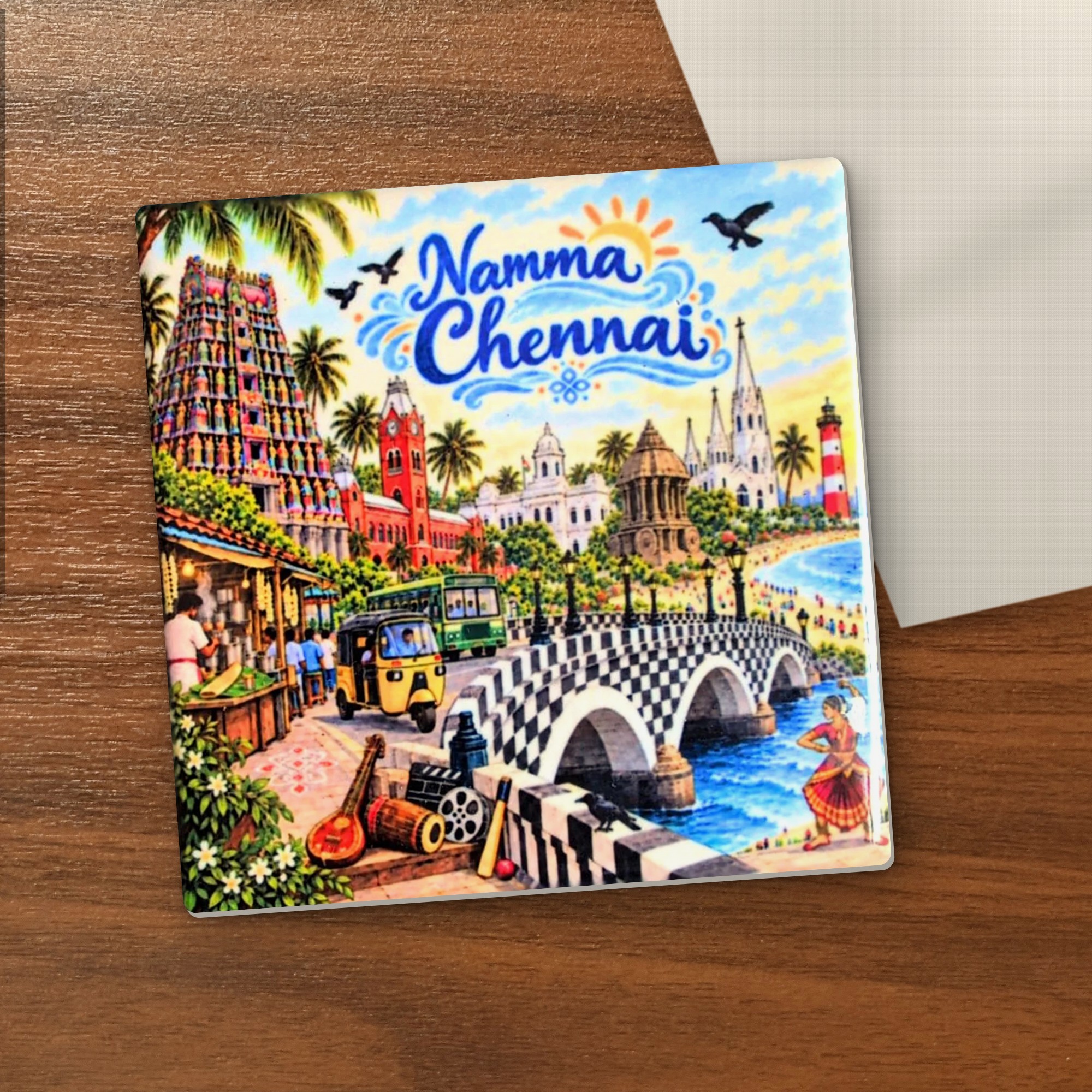 Namma Chennai coaster on a wooden table