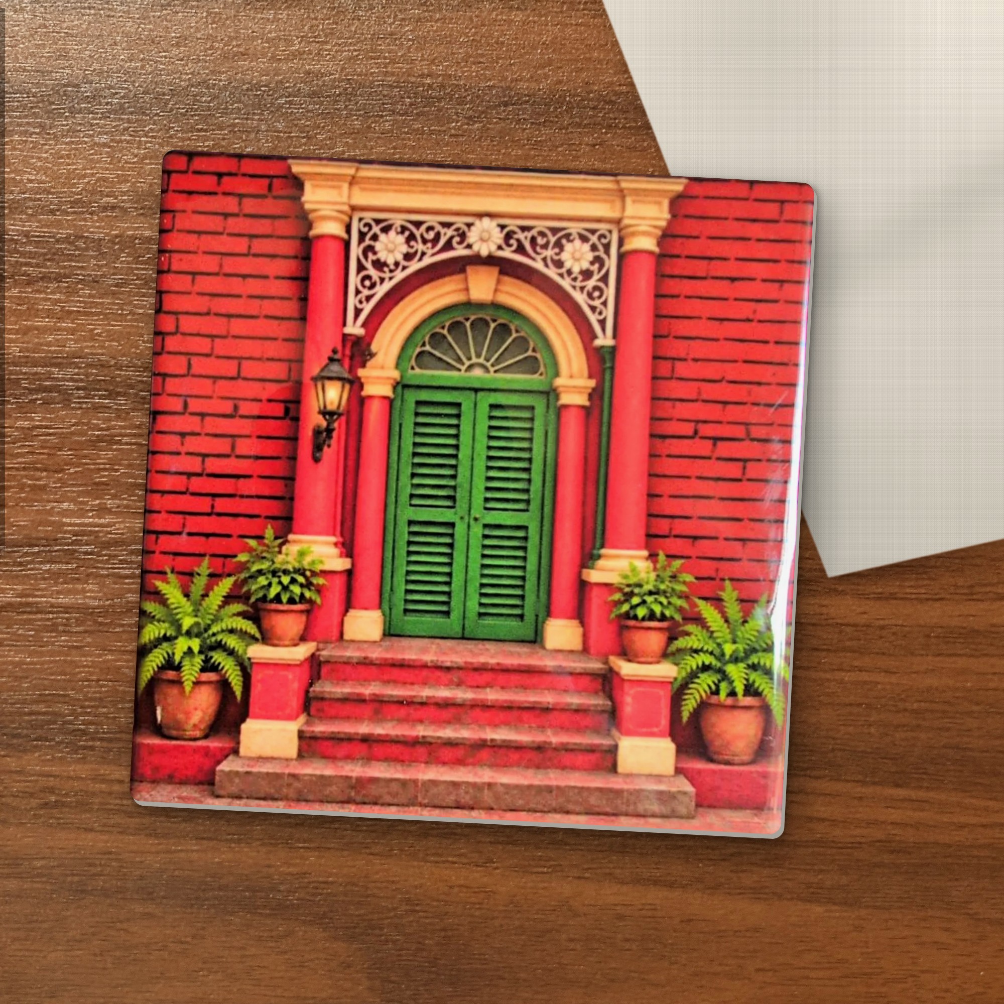 North Kolkata Door coaster on a wooden table