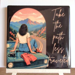 Take the Path Less Traveled ceramic coaster by Ayantika Sen, YldKat Studios
