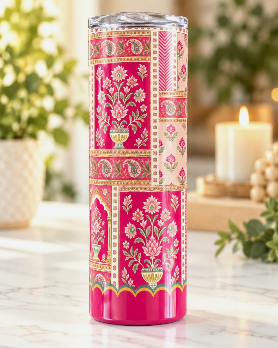 Royal Pink Courtyard 20 oz tumbler with pink Mughal floral print