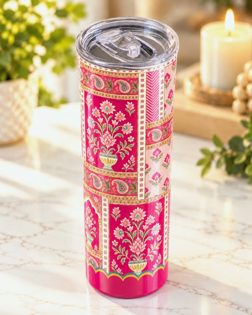 Royal Pink Courtyard 20 oz tumbler with pink Mughal floral print, another angle