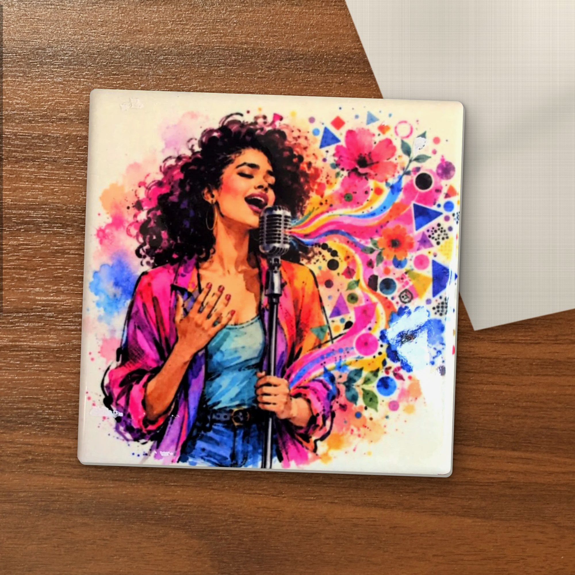Sing Your Heart Out coaster on a wooden table