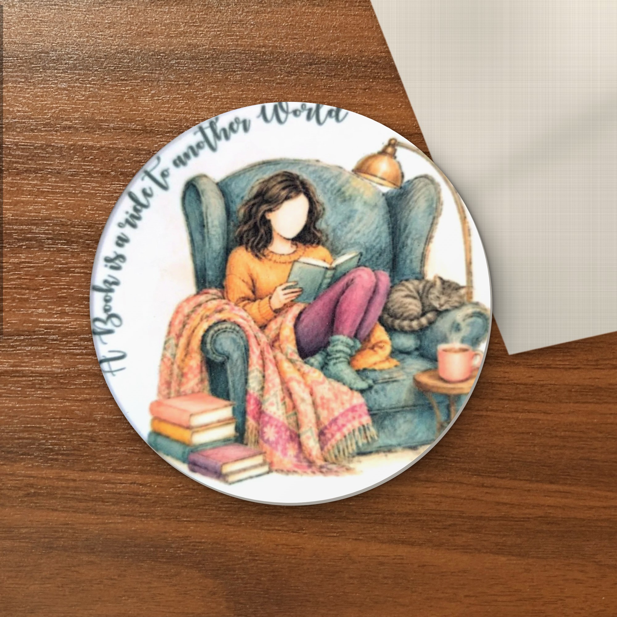 A Book Is a Ride to Another World coaster on a wooden table