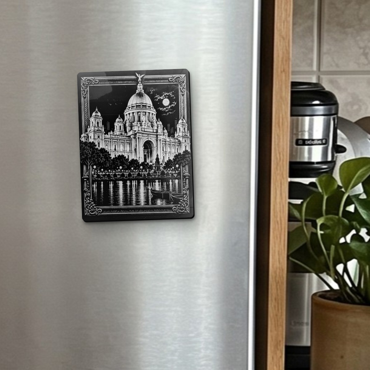 Victoria Memorial black acrylic engraved magnet on a stainless steel fridge door
