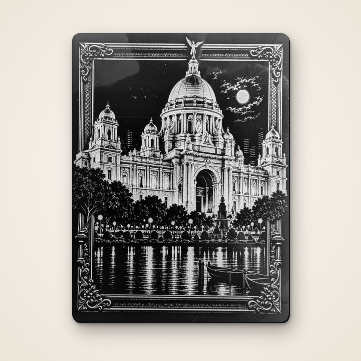 Victoria Memorial 4x3 inch black acrylic fridge magnet, laser-engraved Kolkata art