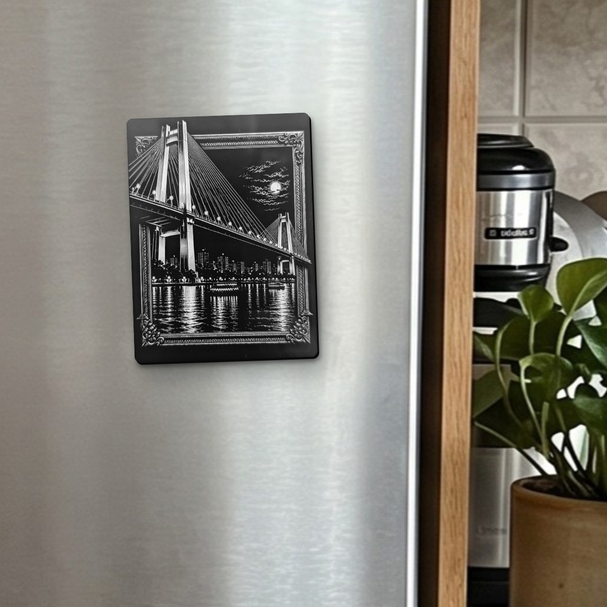 Vidyasagar Setu black acrylic engraved magnet on a stainless steel fridge door