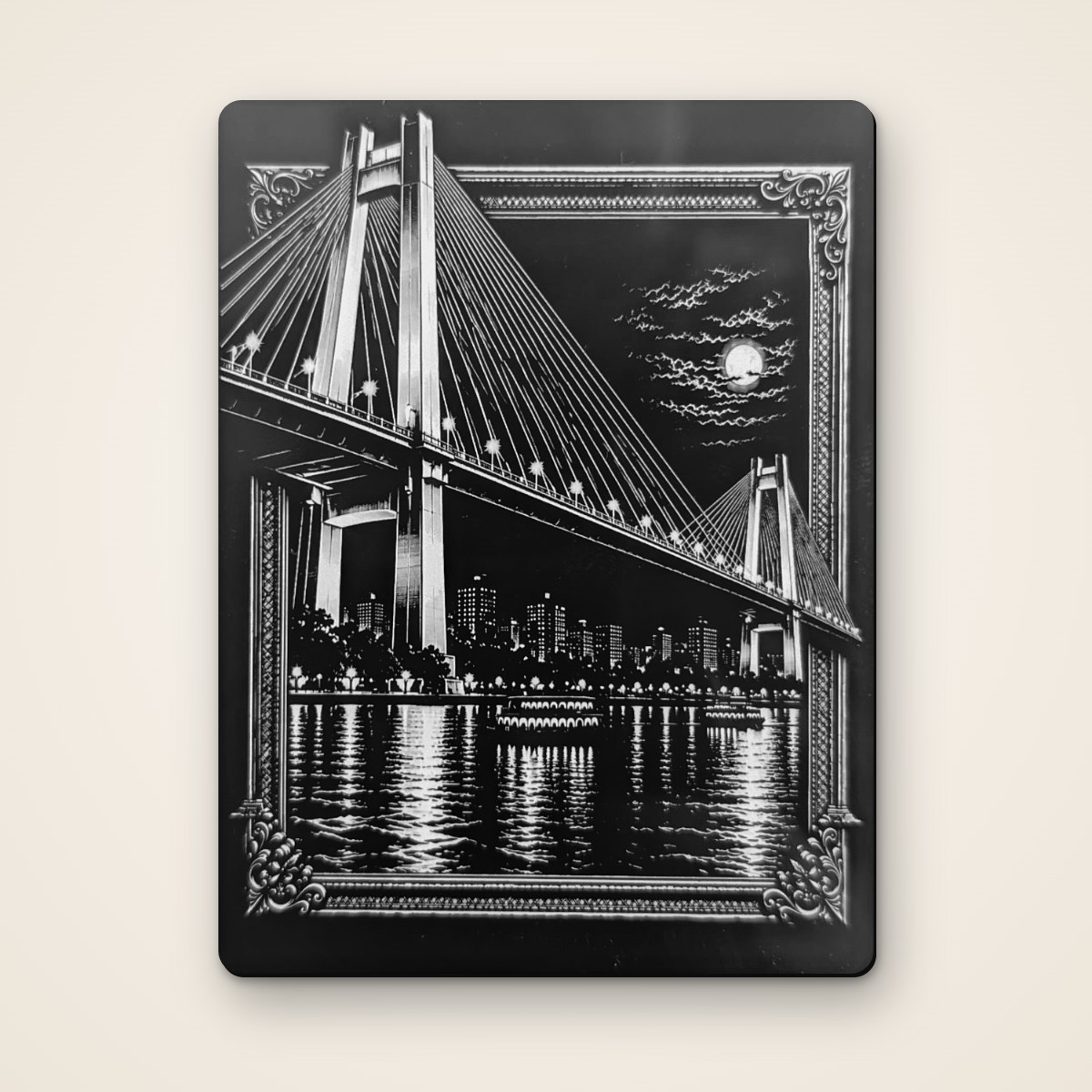 Vidyasagar Setu 4x3 inch black acrylic fridge magnet, laser-engraved Kolkata art
